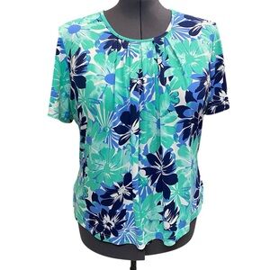 NIKKI  Women's Size XL floral Blue White short sleeve pull on Blouse